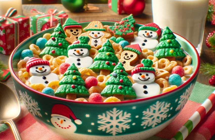 A Bowl of Christmas Cereal with Snowmen and Trees