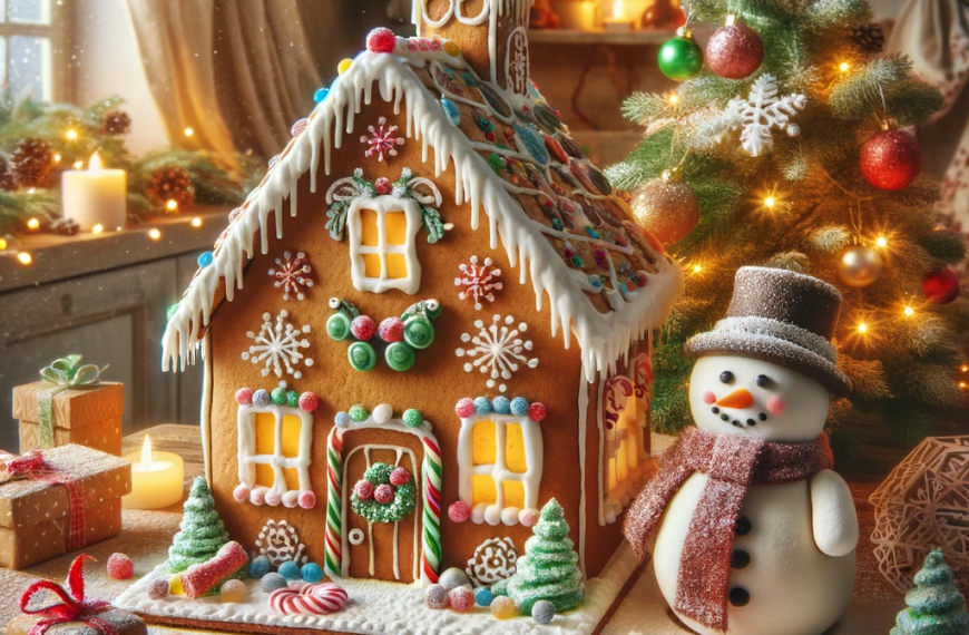 A Christmas Gingerbread House with Snowman