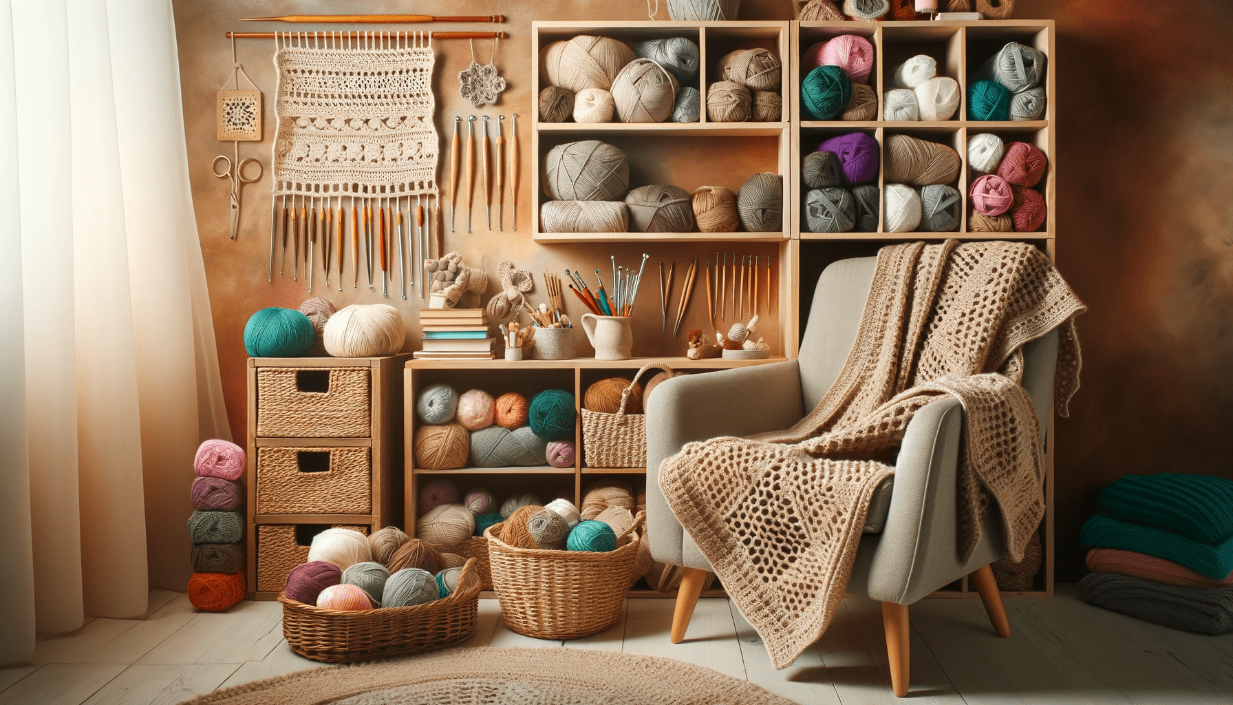 A Crochet Workspace With Balls Of Yarn