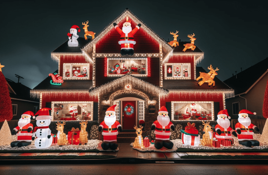 A House Decorated with Christmas Lights and Santa Claus