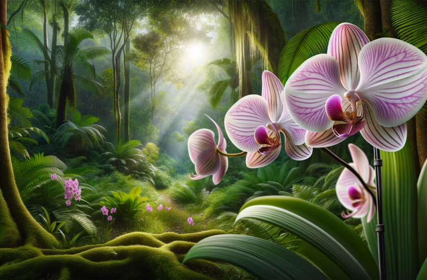 A Phalaenopsis orchid (Moth Orchid) in a tropical rainforest setting.