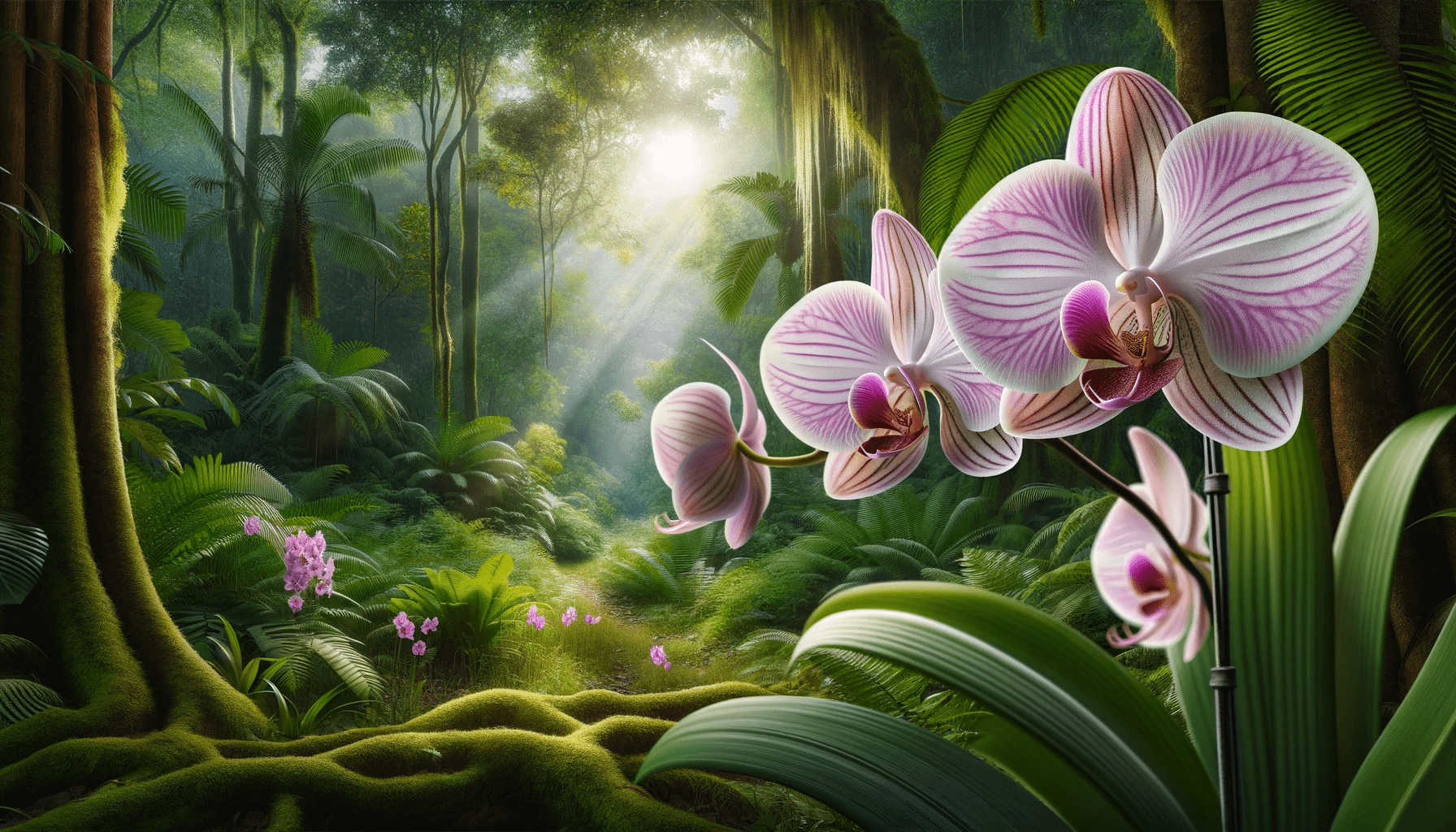 A Phalaenopsis orchid (Moth Orchid) in a tropical rainforest setting.