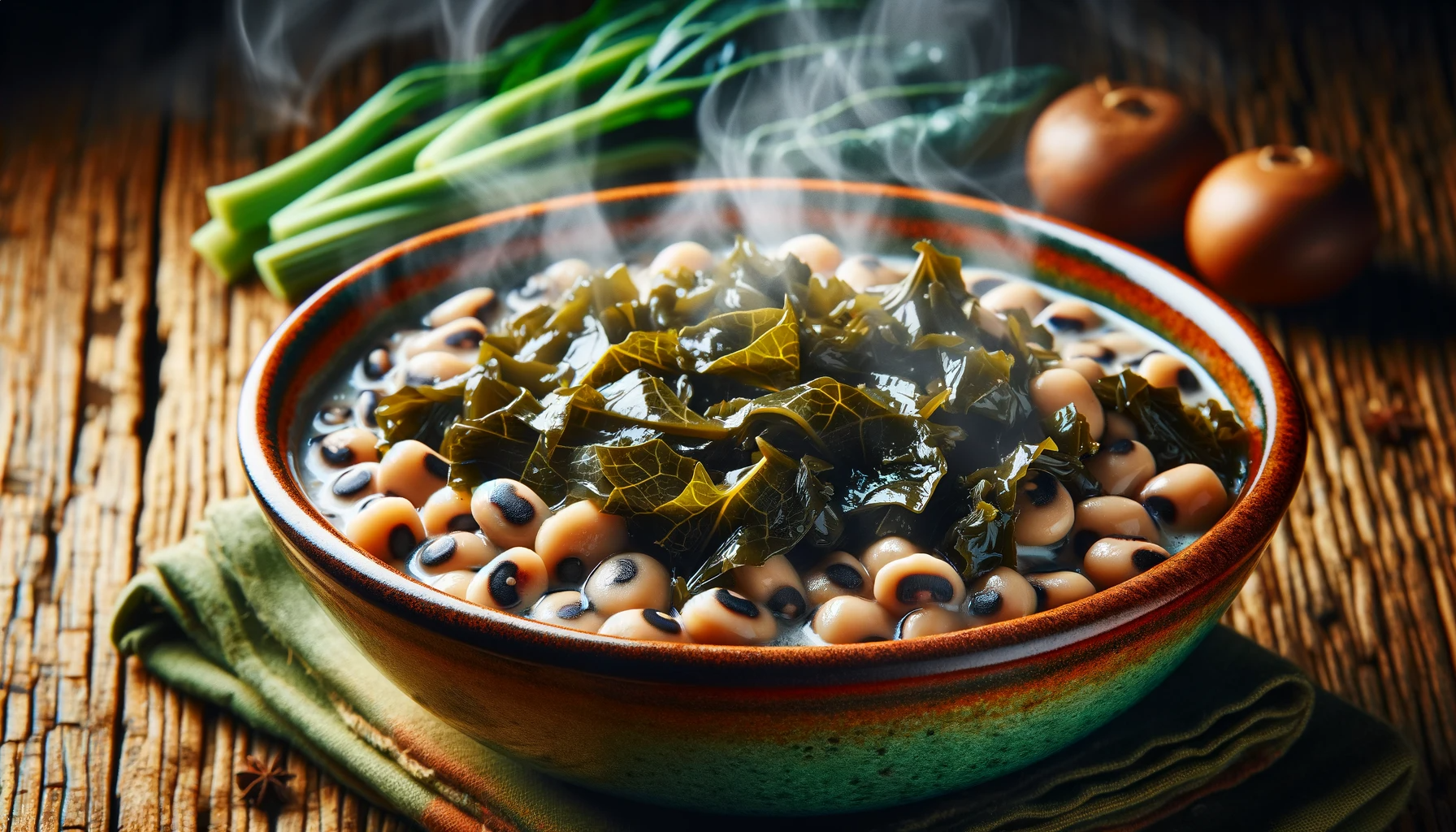 A close up image of a bowl filled with Black Eyed Peas and Collard Greens