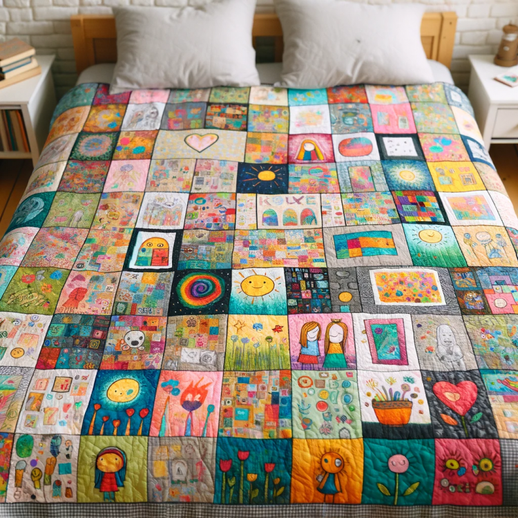 A cozy Quilt made with Images of Children’s Artwork