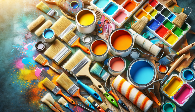 A large selection of paints and brushes