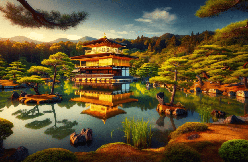 A panoramic view of the Kinkaku ji (Golden Pavilion) in Kyoto, Japan.