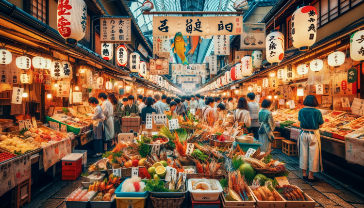 A vibrant and lively scene of the Nishiki Market in Kyoto, Japan.