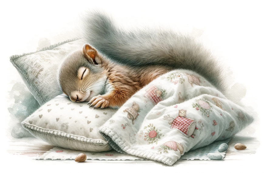 A watercolor painting of a baby squirrel sleeping