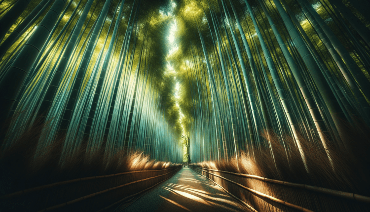 A wide view of the Arashiyama Bamboo Grove in Kyoto, Japan.