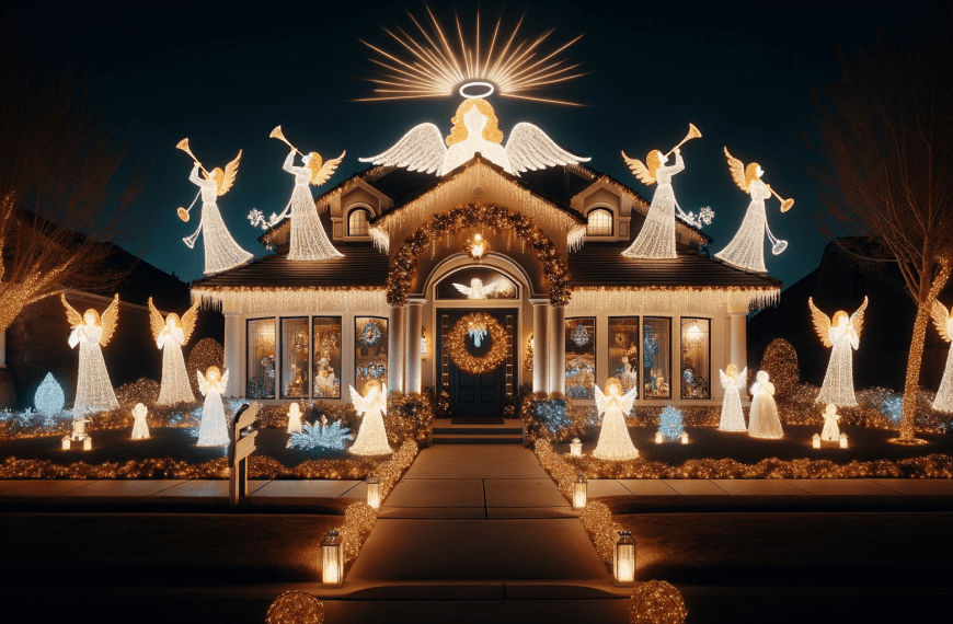 Angel Christmas Lights on House at Night