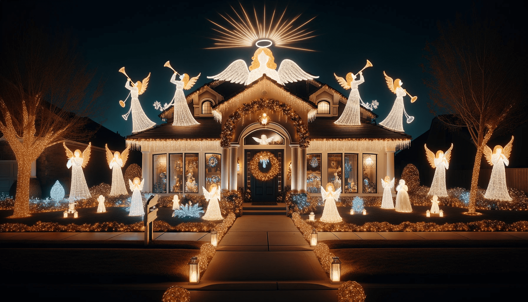 Angel Christmas Lights on House at Night