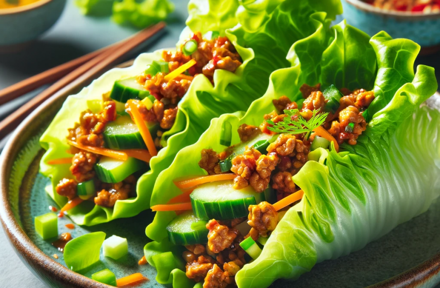 Asian Lettuce Wraps with Cucumbers Carrots and Meat