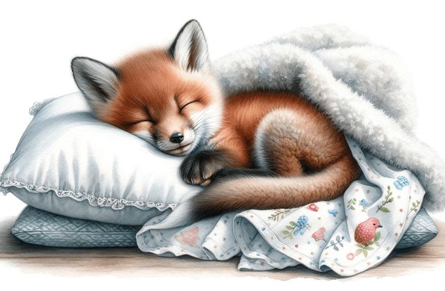 Baby Fox Sleeping on a pillow Watercolor Painting