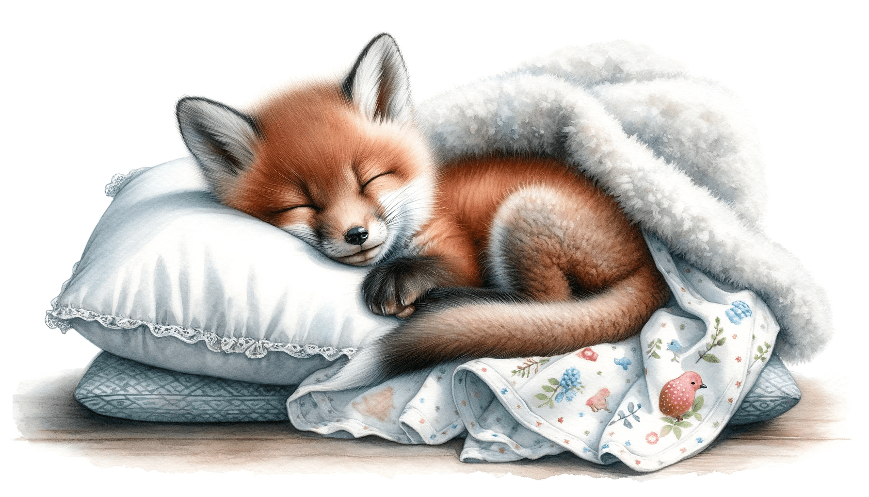 Baby Fox Sleeping on a pillow Watercolor Painting