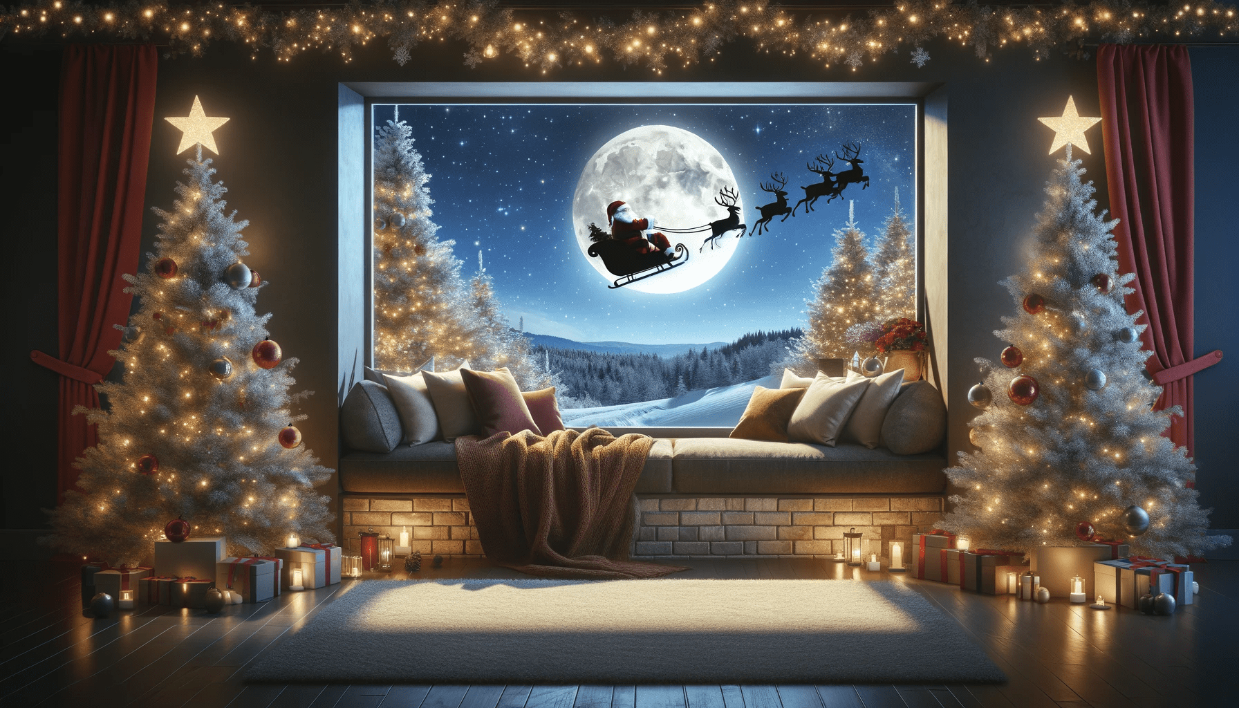 Christmas Decorations Window Full Moon Santa Reindeer