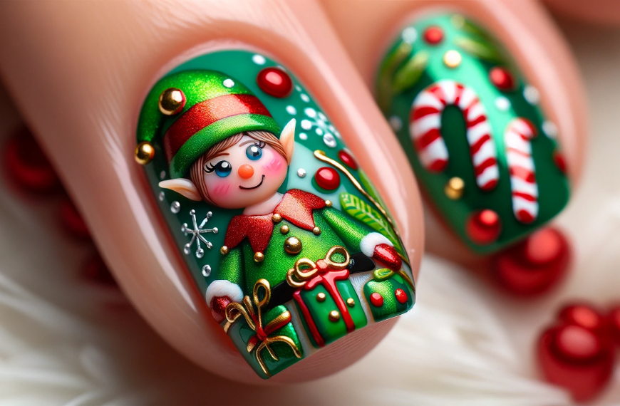 Christmas Nail Art Elf Presents Candy Cane