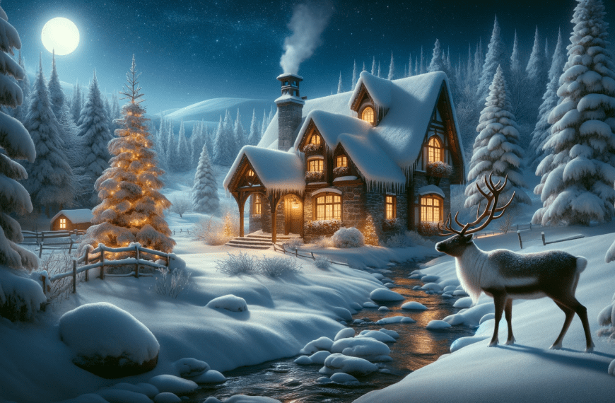 Cottage in the Snow with Reindeer