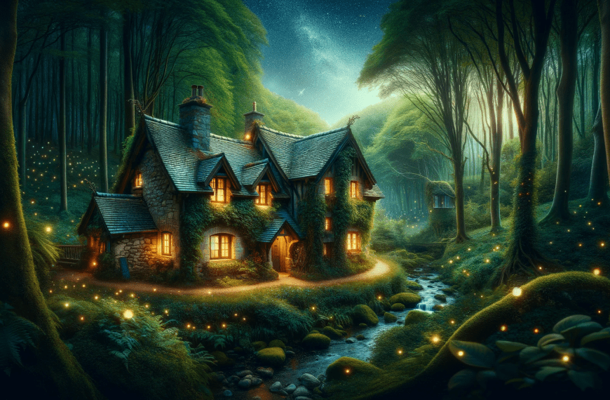 Cottage in the forest with Fireflies