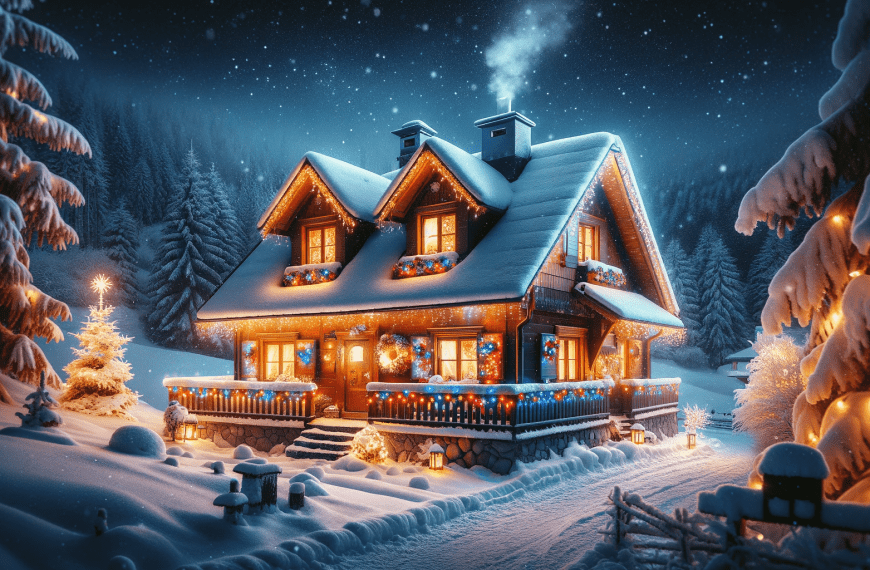 Cozy Cottage in the Snow with Christmas Lights
