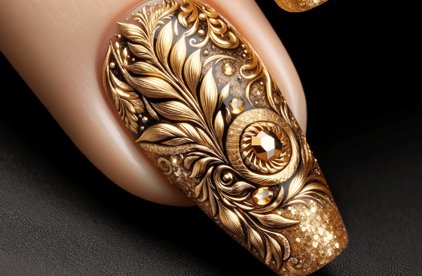 Elegant Gold and Black Ornate Nail Art