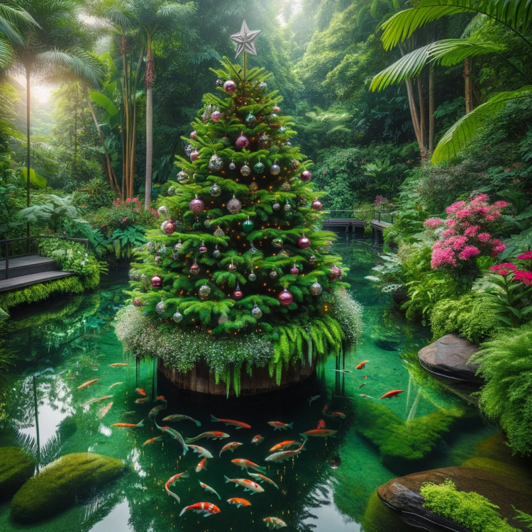 Fish Pond With a Christmas Tree