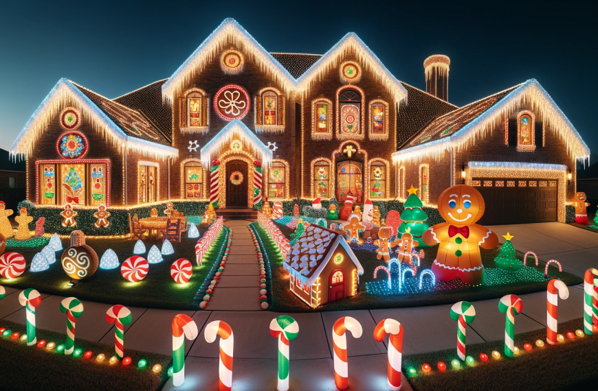 Gingerbread Christmas Lights on House at Night