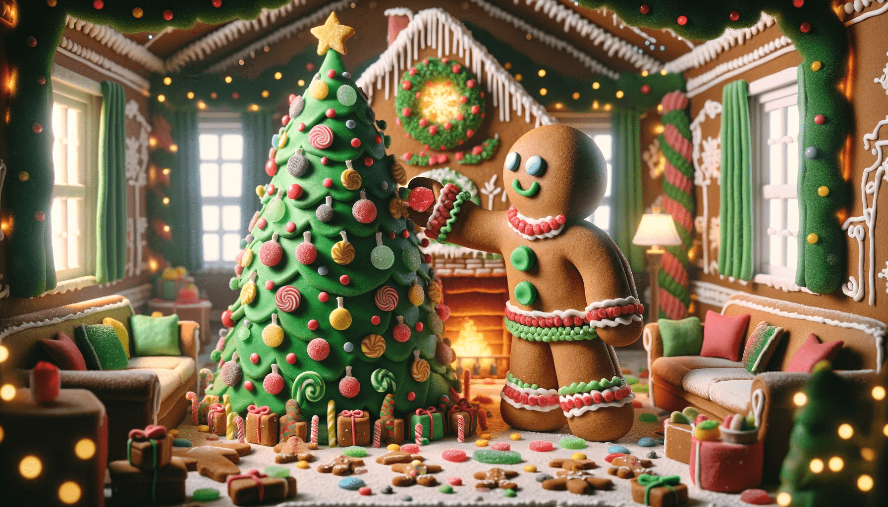 Gingerbread Man Decorating Christmas Tree