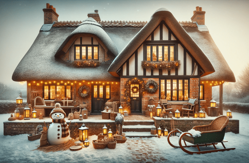 House with Traditional Christmas Decorations in Snow