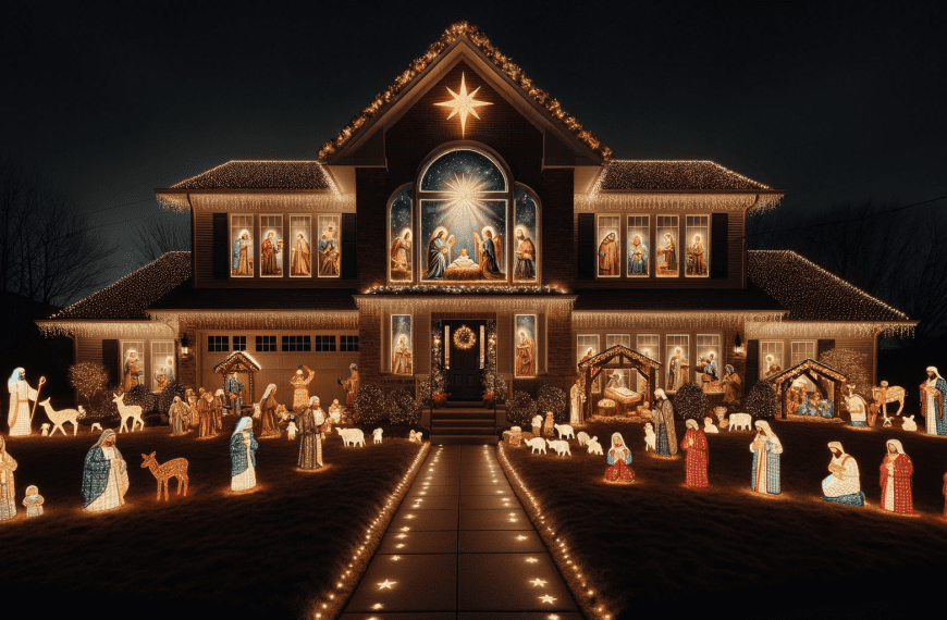 Nativity Scene Christmas Lights on House at Night