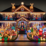 Christmas Lights Reindeer Santa Snowman on House at Night – FREE Image Download