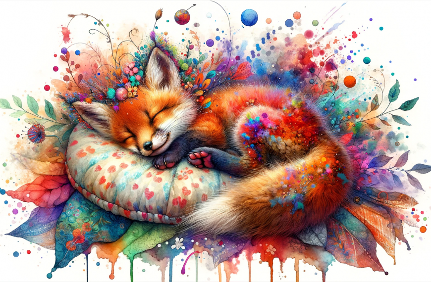 Rainbow Fox Sleeping on a Pillow Painting