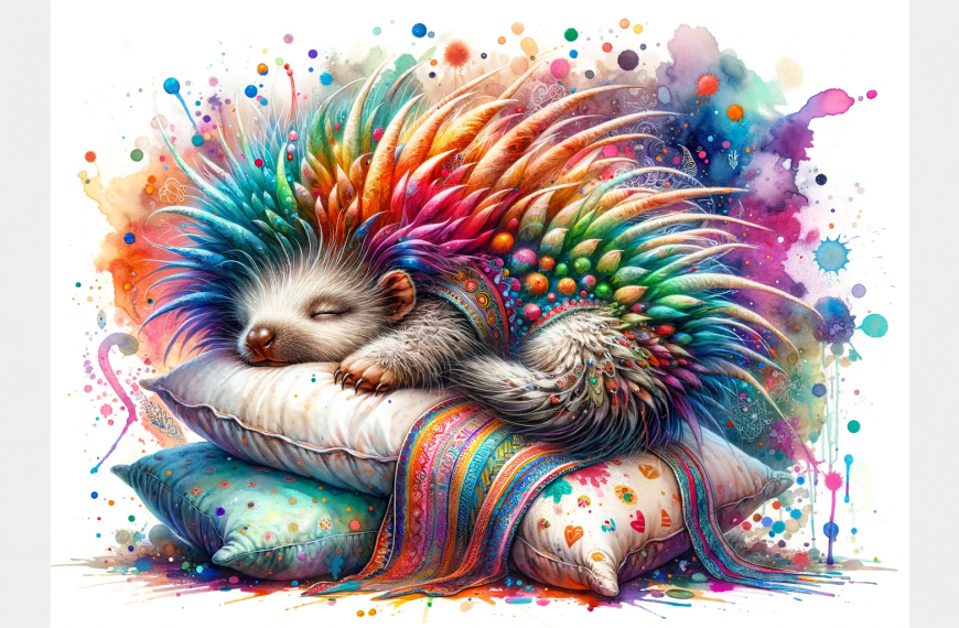 Rainbow Porcupine Sleeping on a Pillow Painting