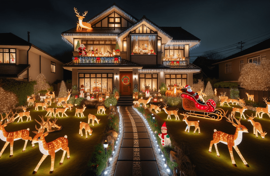Reindeer Christmas Lights on House at Night