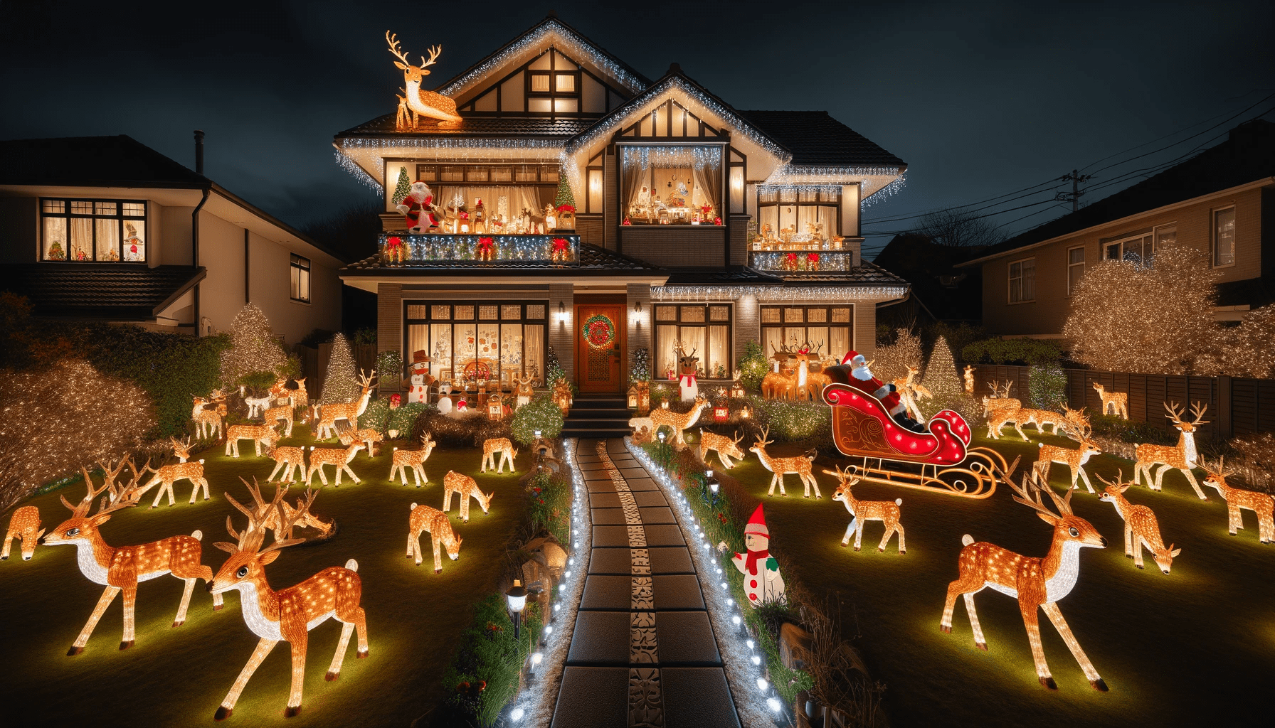 Reindeer Christmas Lights on House at Night