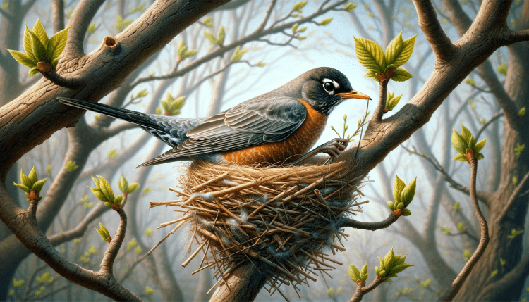 Robin Building a Nest in a Tree