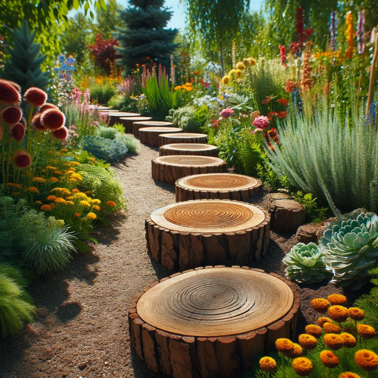 Rustic Garden Path Lined with Sliced Logs