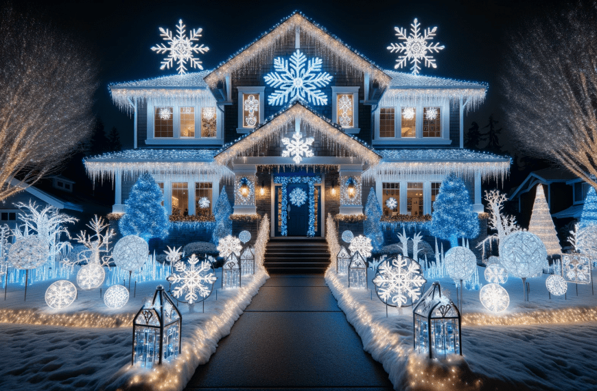 Snowflake Christmas Lights on House at Night