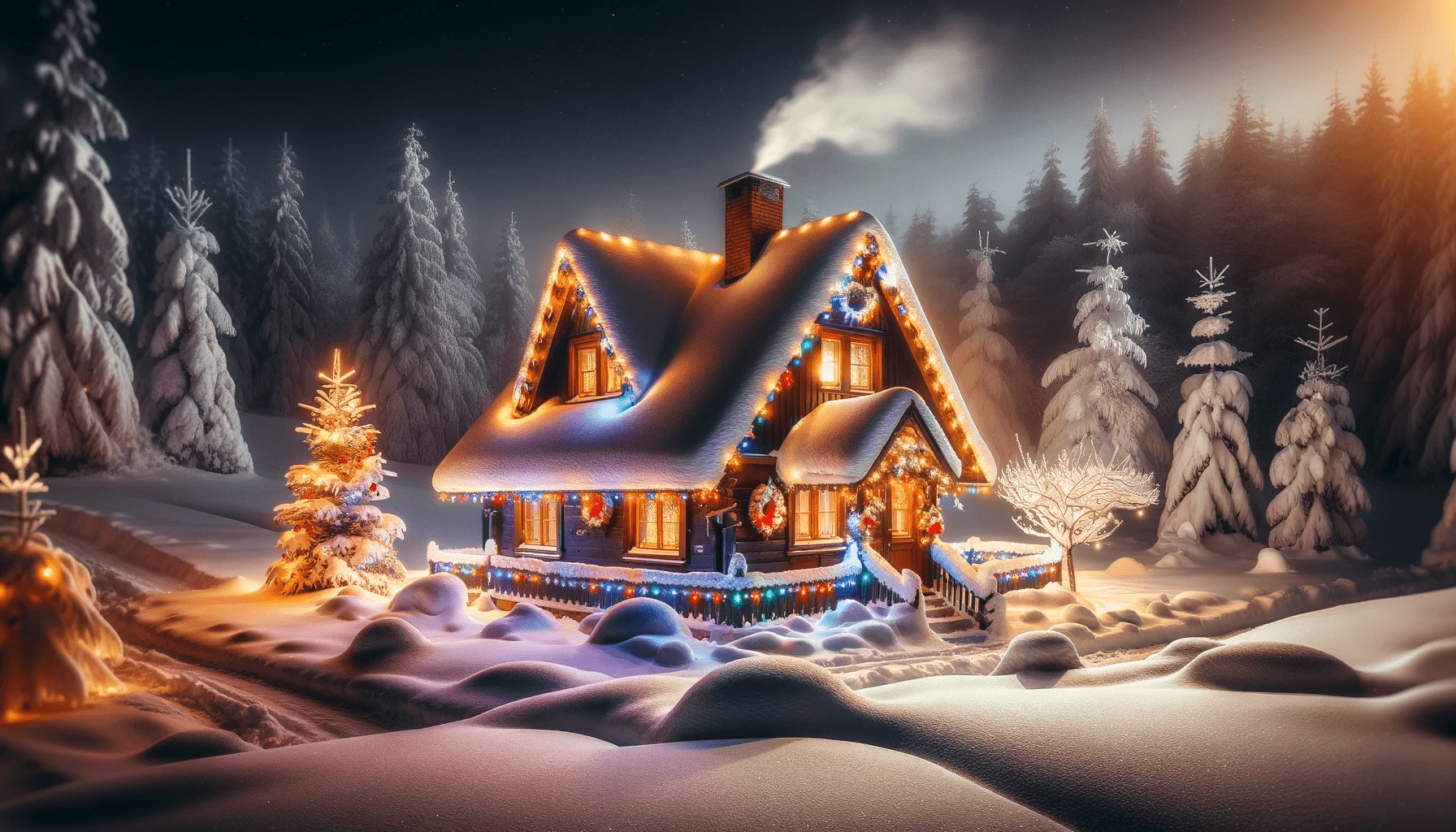 Snowy Cottage with Christmas Lights