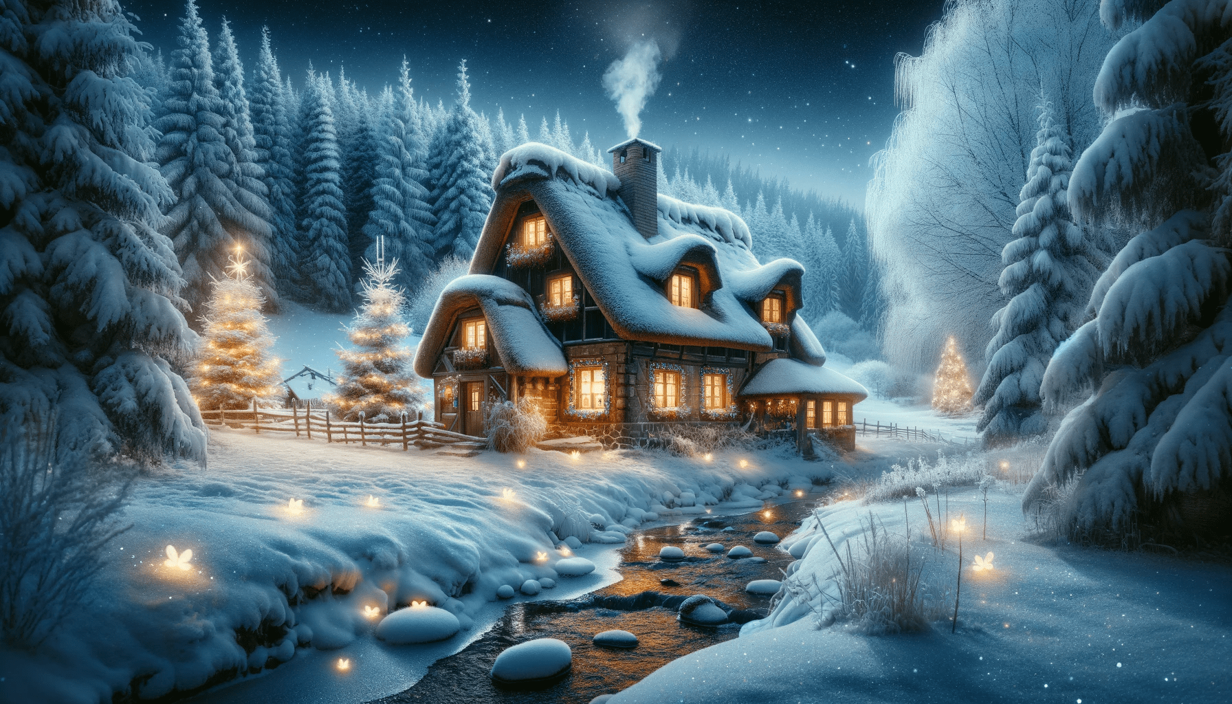 Snowy cottage with fireflies