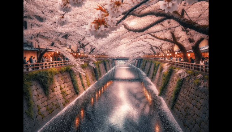 The Philosopher's Path in Kyoto, Japan, during cherry blossom season.