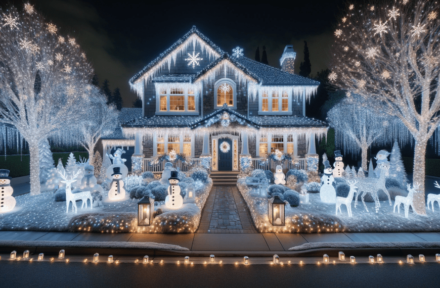Winter Wonderland Snow Christmas Lights on House at Night