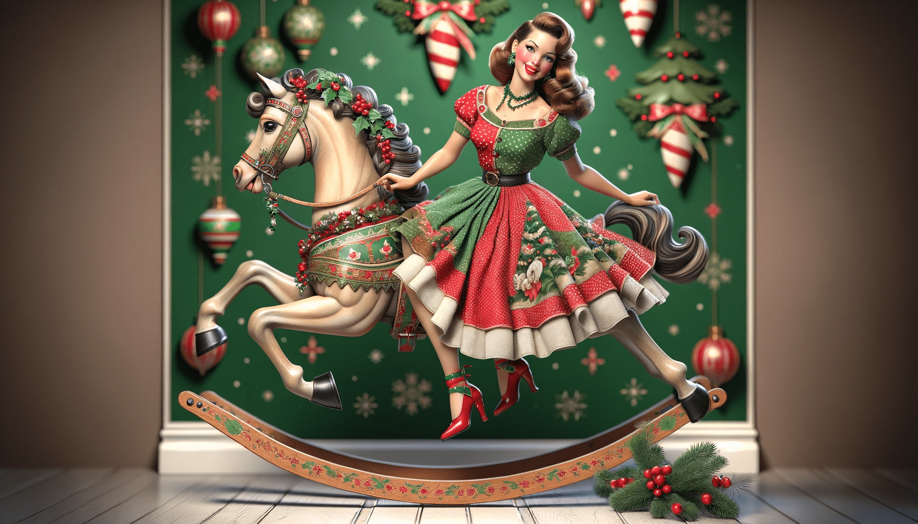 Woman on Christmas Rocking Horse