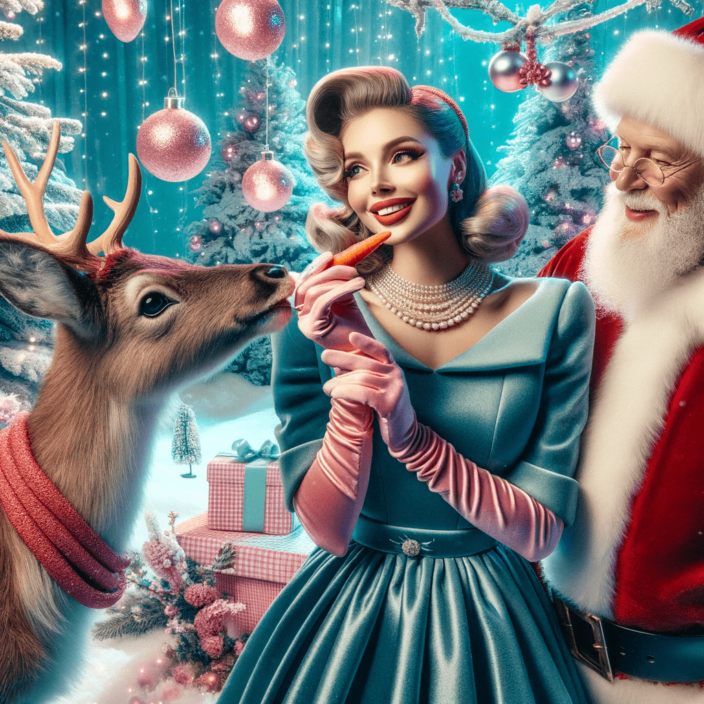 Woman with reindeer and Santa