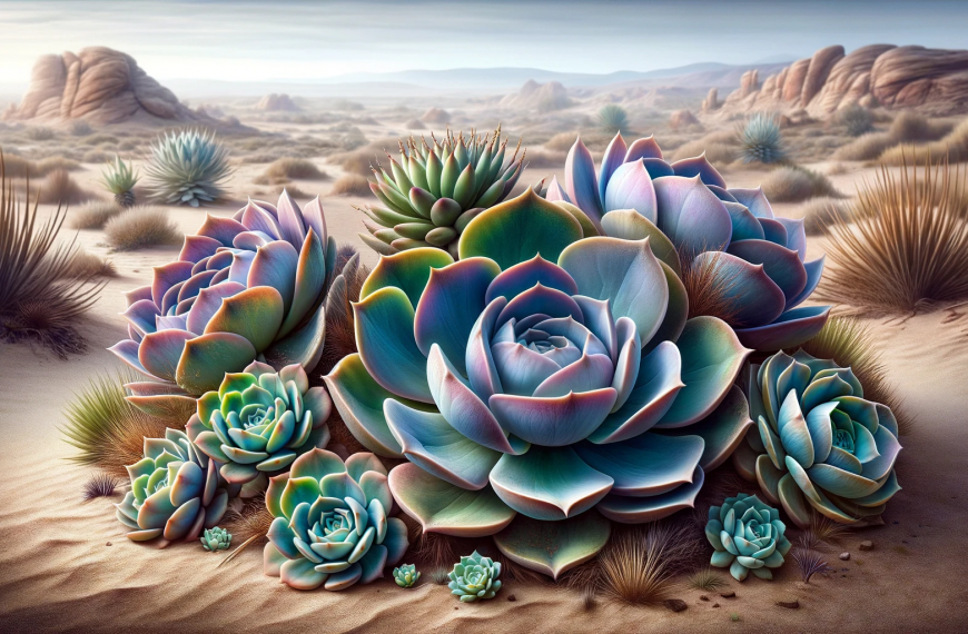 a group of Echeveria succulents in the desert