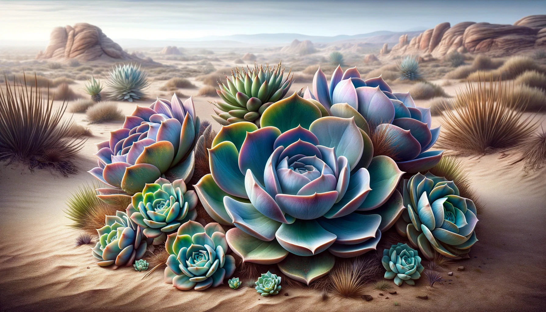 a group of Echeveria succulents in the desert