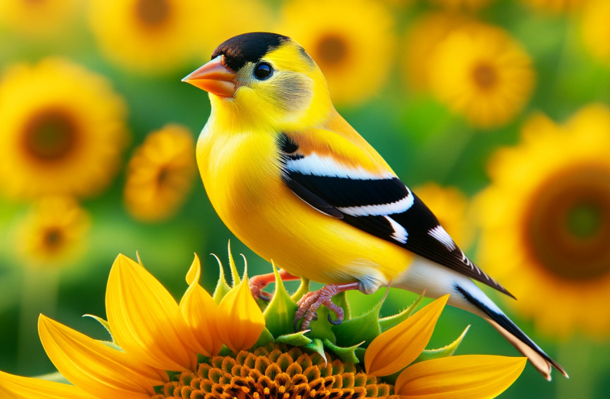 American goldfinch perched on a sunflower