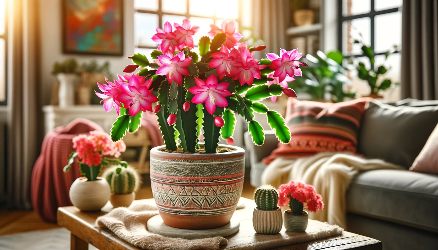 Blooming Christmas cactus on a living room table