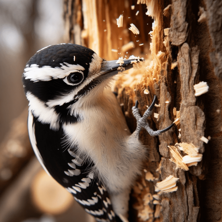 Downy woodpecker pecking a tree
