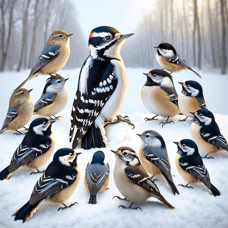 Downy woodpecker with a flock of different birds